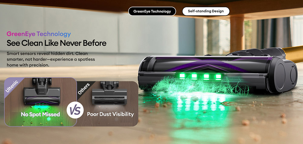 Ultenic U20 Cordless Stick Vacuum, 55,000Pa Suction, 1.5L Dustbin, 60-Min Runtime, 65cm Bendable Wand, 7-Stage Filtration, Dynamic Interactive Display