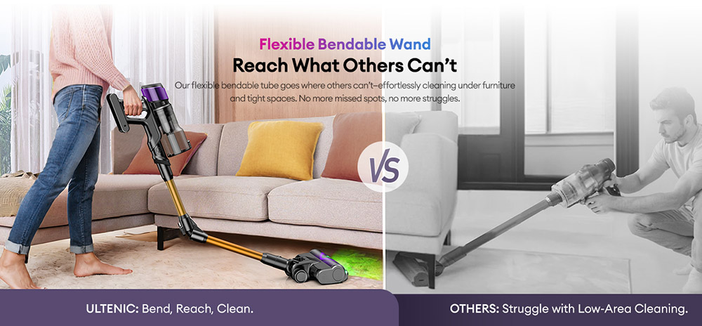 Ultenic U20 Cordless Stick Vacuum, 55,000Pa Suction, 1.5L Dustbin, 60-Min Runtime, 65cm Bendable Wand, 7-Stage Filtration, Dynamic Interactive Display