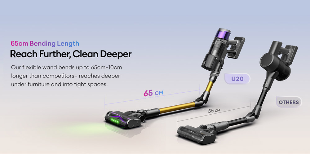 Ultenic U20 Cordless Stick Vacuum, 55,000Pa Suction, 1.5L Dustbin, 60-Min Runtime, 65cm Bendable Wand, 7-Stage Filtration, Dynamic Interactive Display