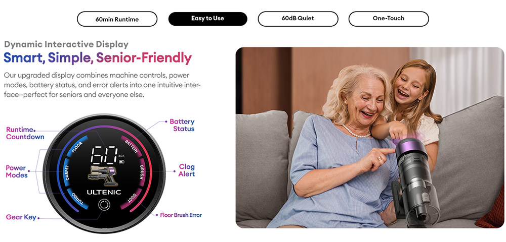 Ultenic U20 Cordless Stick Vacuum, 55,000Pa Suction, 1.5L Dustbin, 60-Min Runtime, 65cm Bendable Wand, 7-Stage Filtration, Dynamic Interactive Display