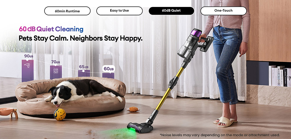 Ultenic U20 Cordless Stick Vacuum, 55,000Pa Suction, 1.5L Dustbin, 60-Min Runtime, 65cm Bendable Wand, 7-Stage Filtration, Dynamic Interactive Display