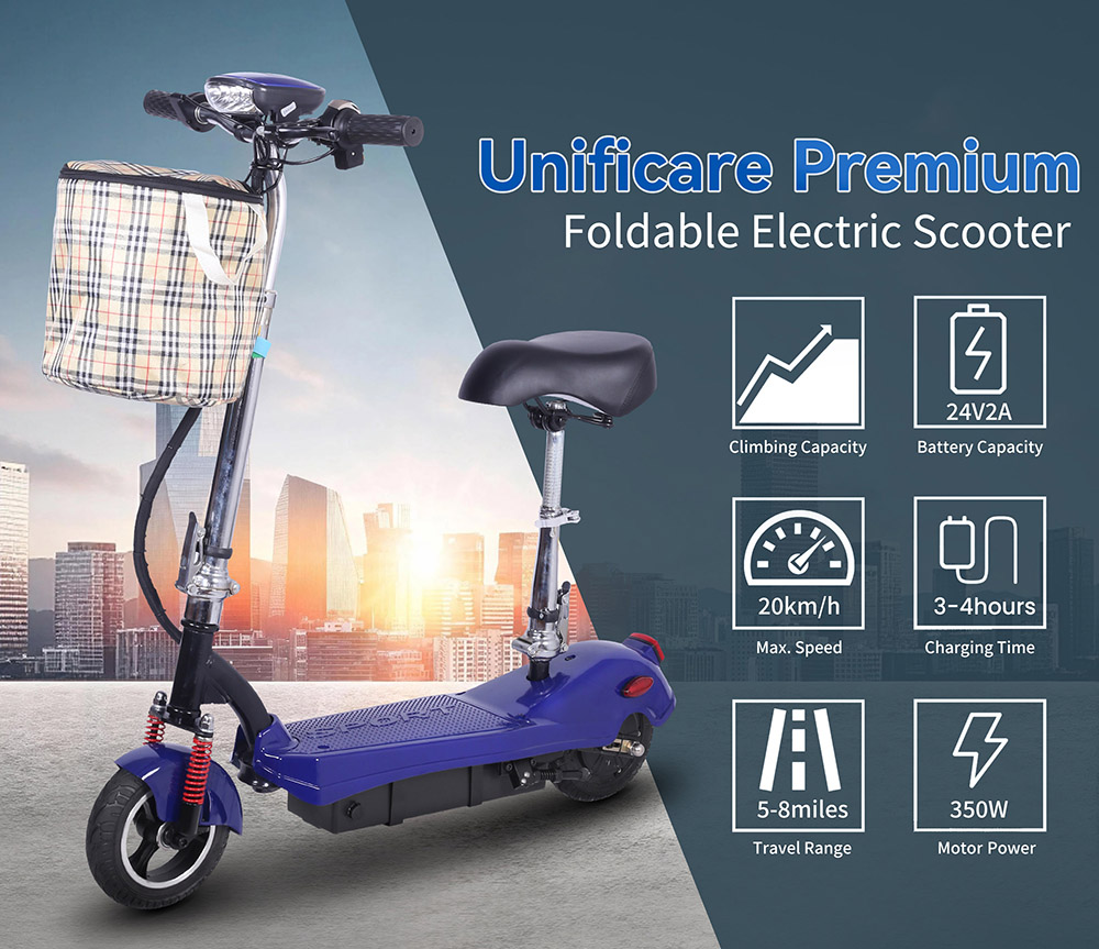 Elektrická kolobežka Unificare M5 so sedadlom, 350W motor, 24V 12Ah batéria, 8 palcové pneumatiky, max. rýchlosť 20 km/h, dojazd 12 km - modrá