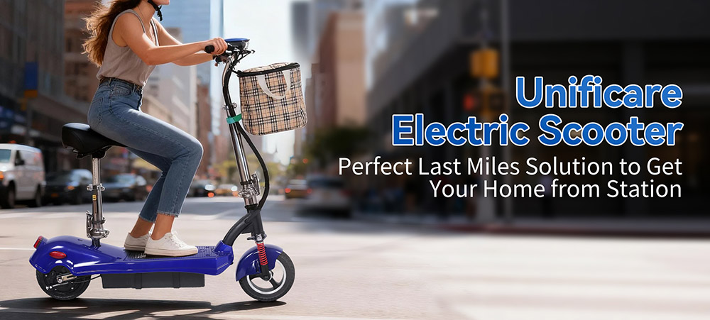 Unificare M5 Electric Scooter with Seat, 350W Motor, 24V 12Ah Battery, 8 inch Tires, 20km/h Max Speed, 12km Range - Blue