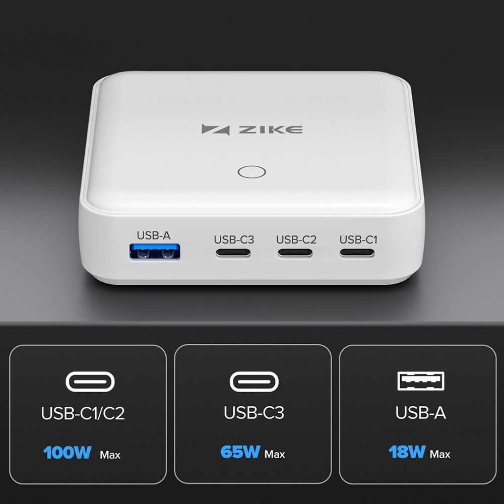ZIKE Z1810 100W GaN 4-Port Desktop-Ladestation