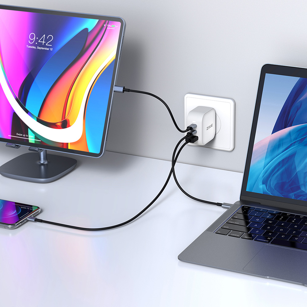 Chargeur mural ZIKE Z265B 66W GaN USB-C &agrave; 3 ports