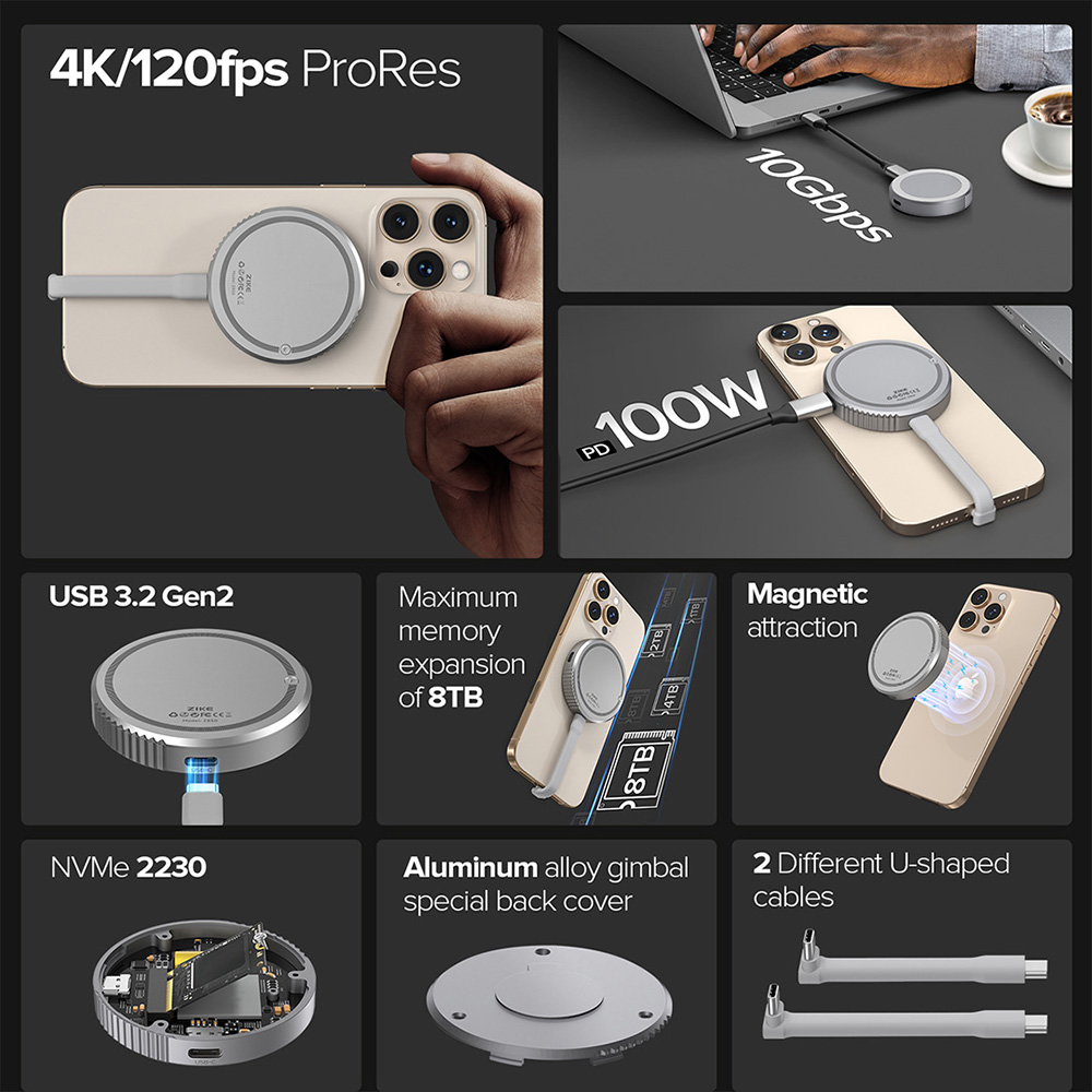 Boîtier SSD magnétique ZIKE Z850 USB-C M.2 2230 NVMe pour iPhone 16/15