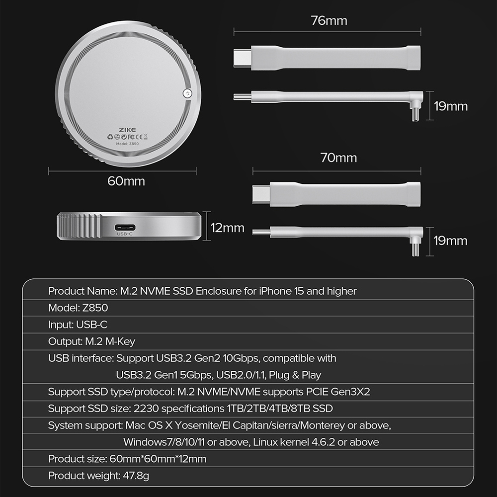 Boîtier SSD magnétique ZIKE Z850 USB-C M.2 2230 NVMe pour iPhone 16/15