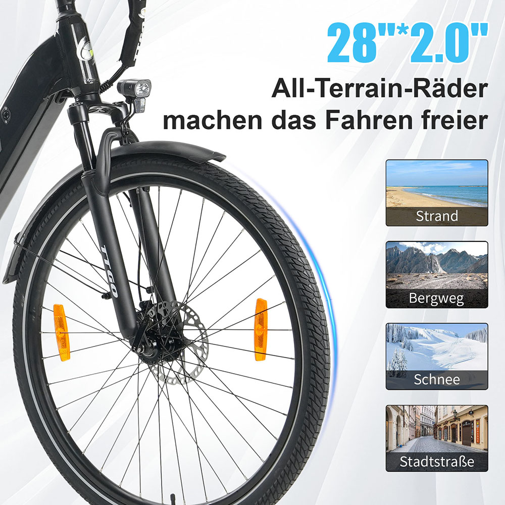 TTGO C3 Pro Elektrofahrrad, 250W Motor, 36V 20Ah Batterie, 28 Zoll Reifen, 25 km/h Höchstgeschwindigkeit, 120 km maximale Reichweite, hydraulische Scheibenbremse, Federgabel, Drehmomentsensor, Shimano 7-Gang, LCD-Display - Schwarz