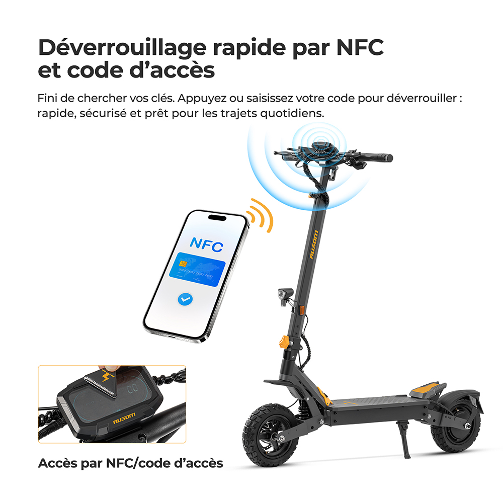 Ausom L1 (version ABE) Trottinette &eacute;lectrique, moteur 500 W, batterie 48 V 20,8 Ah, pneus 10 pouces, vitesse maximale 20 km/h, autonomie 90 km, freins &agrave; disque avant et arri&egrave;re, suspension &agrave; bras oscillant, d&eacute;verrouillage NFC et par code.