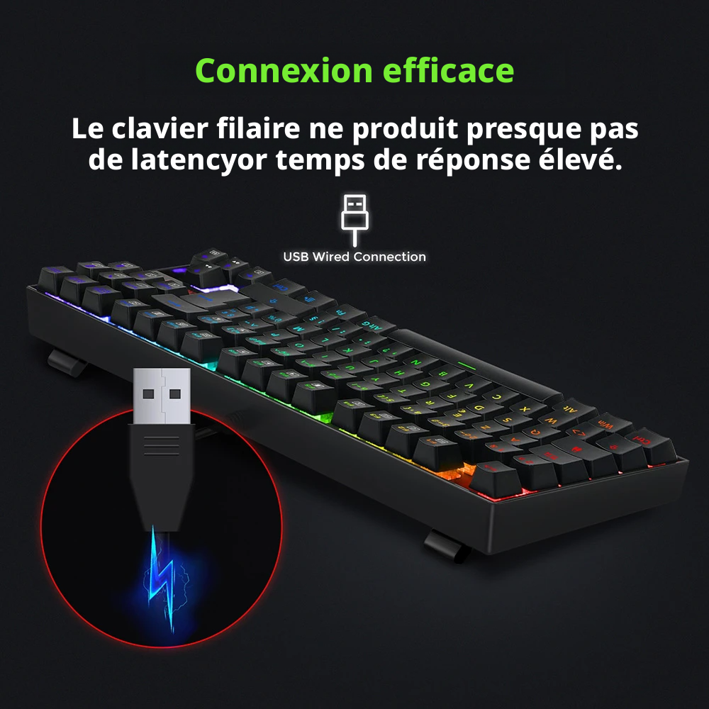 Redragon K552P-KR-FR Clavier mécanique TKL avec rétroéclairage RGB, compact, 88 touches, disposition AZERTY FR, interrupteur rouge - Noir