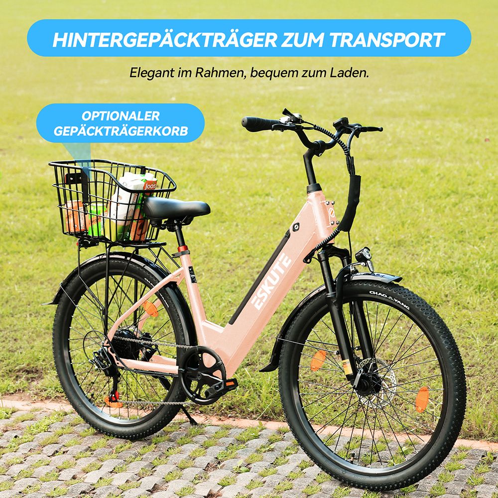 ESKUTE C100 Plus Elektrofahrrad, 250W Motor, 36V 13Ah Batterie, 26 Zoll Reifen, 25 km/h Höchstgeschwindigkeit, 100 km Reichweite, Shimano 7-Gang, LCD-Display – Pink