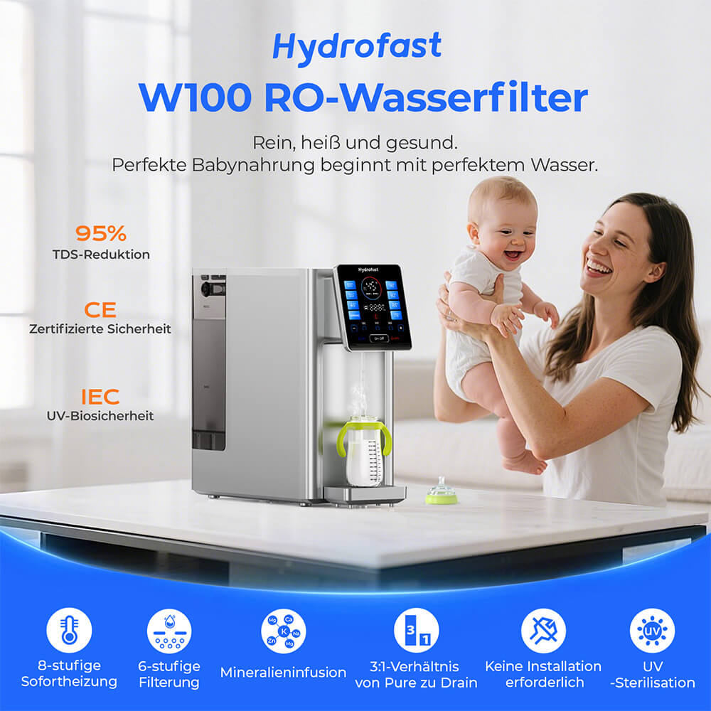 Hydrofast W100 Wasserfilter f&uuml;r die Arbeitsplatte mit hei&szlig;em und raumwarmem Wasser, 8 Temperaturen, hei&szlig;es Wasser in 3 Sekunden, 6-stufige Umkehrosmosefiltration, 15-stufiges Wasservolumen, f&uuml;r K&uuml;che, B&uuml;ro, Schlafzimmer