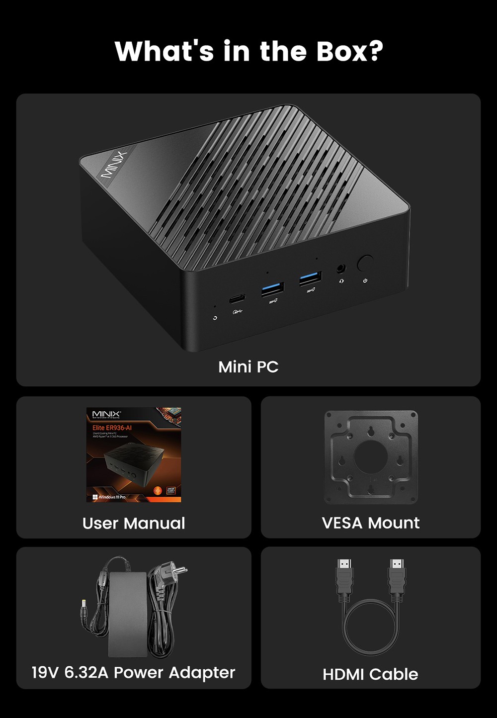 MINIX ER936-AI Mini PC, AMD Ryzen AI 9 365 10 magos, max. 5,0 GHz, 32 GB DDR5 RAM, 1 TB SSD, HDMI+DP+2*USB-C négyképernyős kijelző, WiFi 6E Bluetooth 5.2, Dupla 2,5G RJ45, 3*USB3.2, 1*Audio Jack