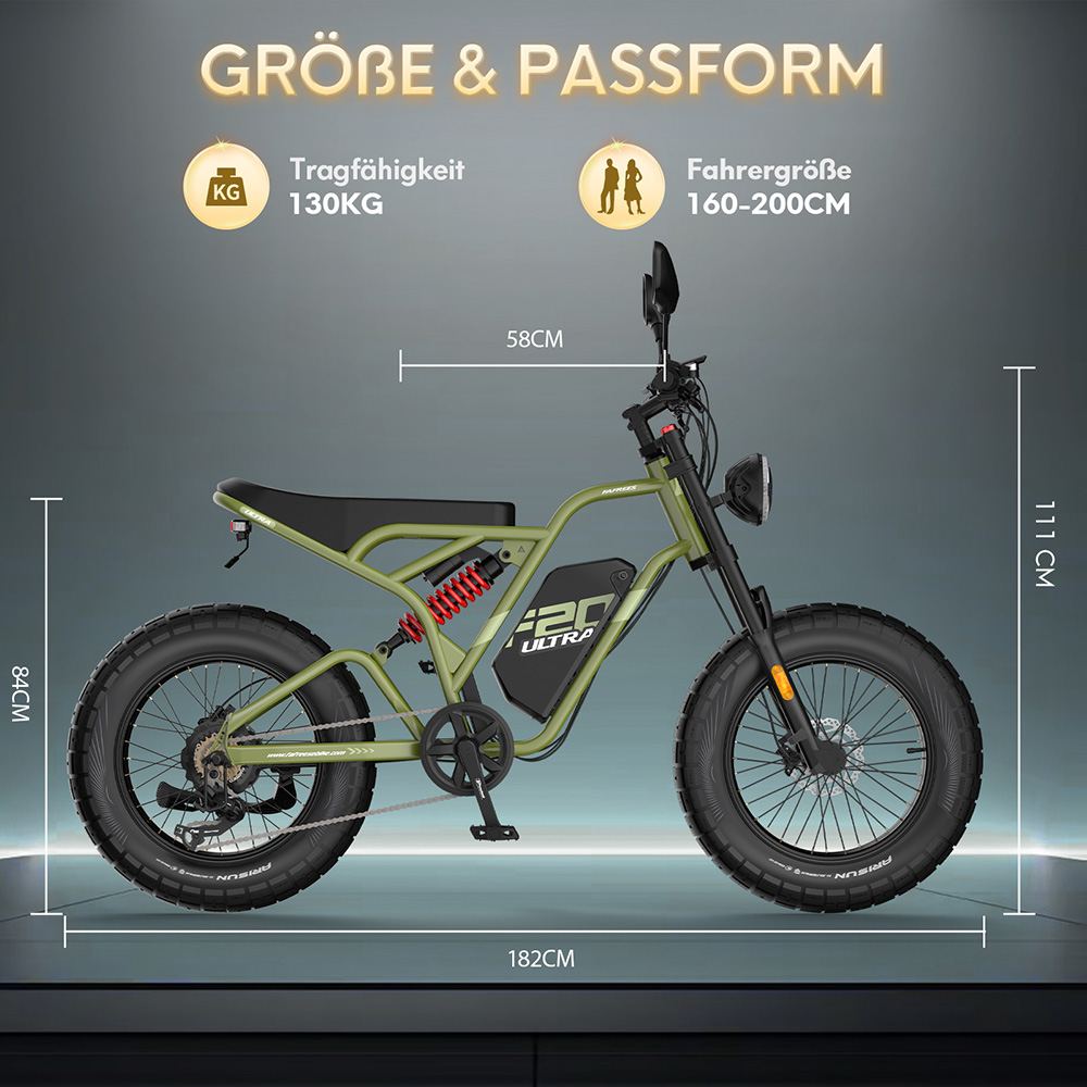 Fafrees F20 Ultra Elektrofahrrad EU L1e-B Zertifizierte Version, 750W Motor, 48V 25Ah Batterie, 20*5 Zoll Reifen, 45km/h Höchstgeschwindigkeit, 140km maximale Reichweite, hydraulische Scheibenbremsen, hydraulische Federung, LCD-Display, Shimano 7-Gang - Grün