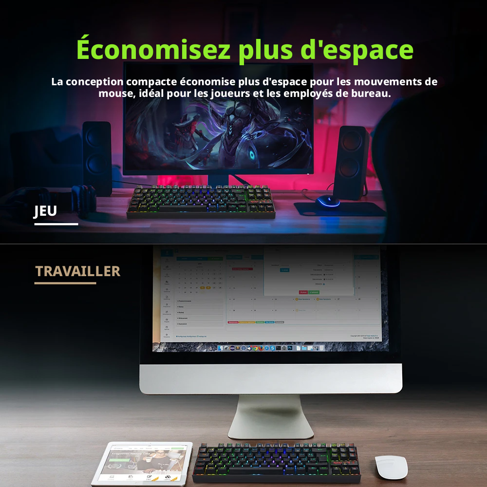 Redragon K552P-KR-FR Clavier mécanique TKL avec rétroéclairage RGB, compact, 88 touches, disposition AZERTY FR, interrupteur rouge - Noir
