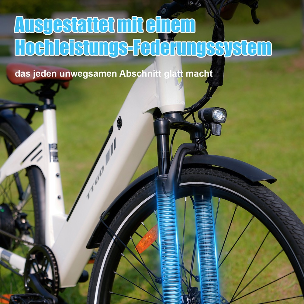 TTGO C3 Pro Elektrofahrrad, 250W Motor, 36V 20Ah Batterie, 28 Zoll Reifen, 25 km/h Höchstgeschwindigkeit, 120 km maximale Reichweite, hydraulische Scheibenbremse, Federgabel, Drehmomentsensor, Shimano 7-Gang, LCD-Display - Weiß