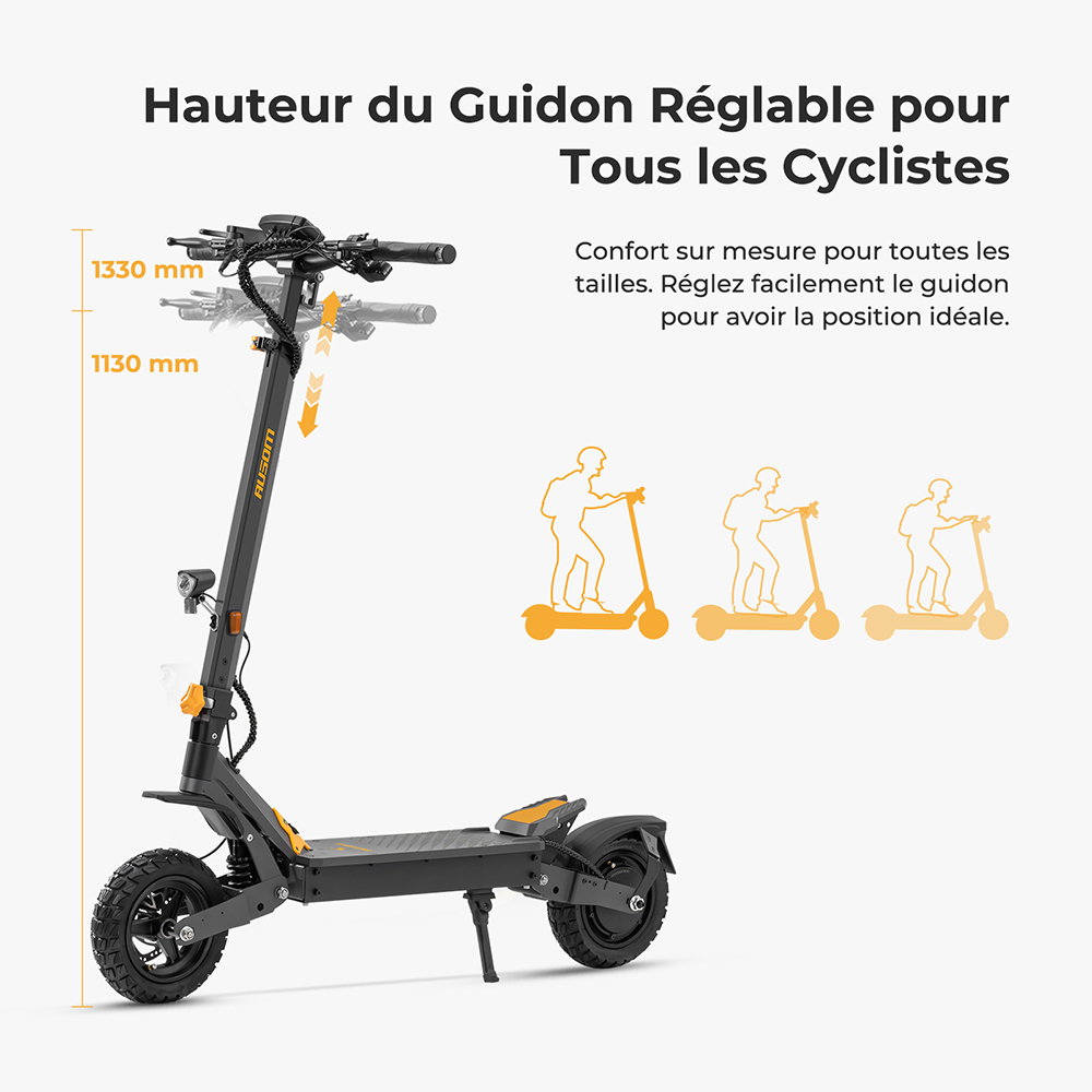 Ausom L1 (version ABE) Trottinette &eacute;lectrique, moteur 500 W, batterie 48 V 20,8 Ah, pneus 10 pouces, vitesse maximale 20 km/h, autonomie 90 km, freins &agrave; disque avant et arri&egrave;re, suspension &agrave; bras oscillant, d&eacute;verrouillage NFC et par code.