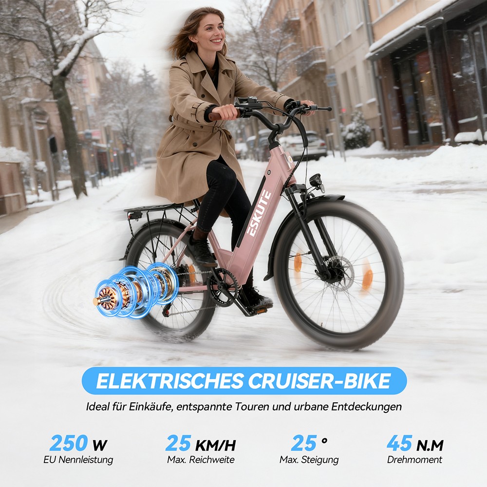 ESKUTE C100 Plus Elektrofahrrad, 250W Motor, 36V 13Ah Batterie, 26 Zoll Reifen, 25 km/h Höchstgeschwindigkeit, 100 km Reichweite, Shimano 7-Gang, LCD-Display – Pink