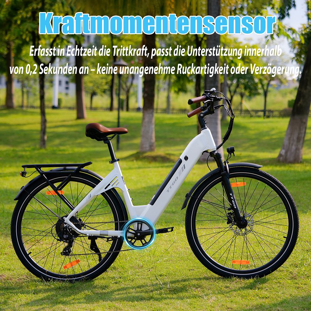 TTGO C3 Pro Elektrofahrrad, 250W Motor, 36V 20Ah Batterie, 28 Zoll Reifen, 25 km/h Höchstgeschwindigkeit, 120 km maximale Reichweite, hydraulische Scheibenbremse, Federgabel, Drehmomentsensor, Shimano 7-Gang, LCD-Display - Weiß