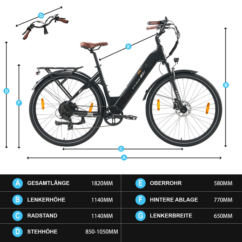 TTGO C3 Pro Elektrofahrrad, 250W Motor, 36V 20Ah Batterie, 28 Zoll Reifen, 25 km/h Höchstgeschwindigkeit, 120 km maximale Reichweite, hydraulische Scheibenbremse, Federgabel, Drehmomentsensor, Shimano 7-Gang, LCD-Display - Schwarz