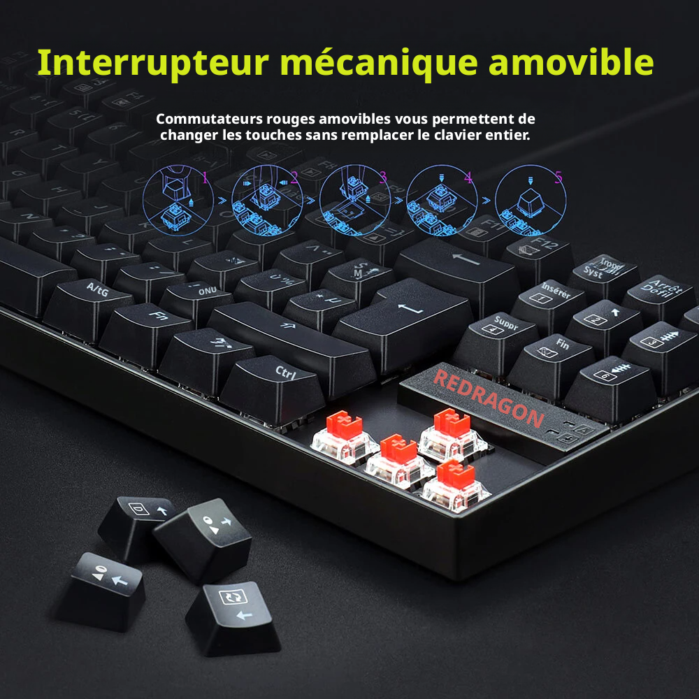 Redragon K552P-KR-FR Clavier mécanique TKL avec rétroéclairage RGB, compact, 88 touches, disposition AZERTY FR, interrupteur rouge - Noir