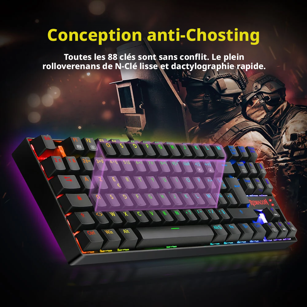 Redragon K552P-KR-FR Clavier mécanique TKL avec rétroéclairage RGB, compact, 88 touches, disposition AZERTY FR, interrupteur rouge - Noir