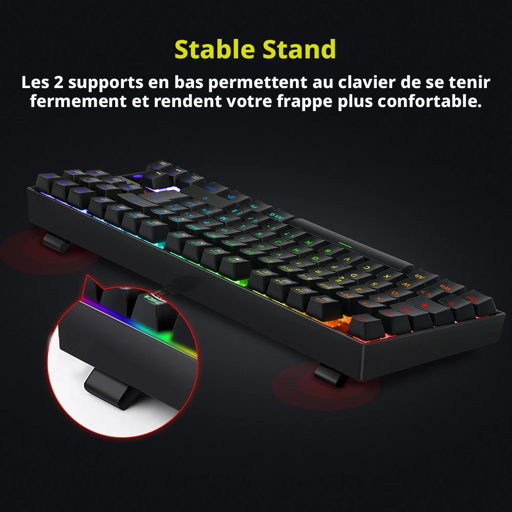 Redragon K552P-KR-FR Clavier mécanique TKL avec rétroéclairage RGB, compact, 88 touches, disposition AZERTY FR, interrupteur rouge - Noir