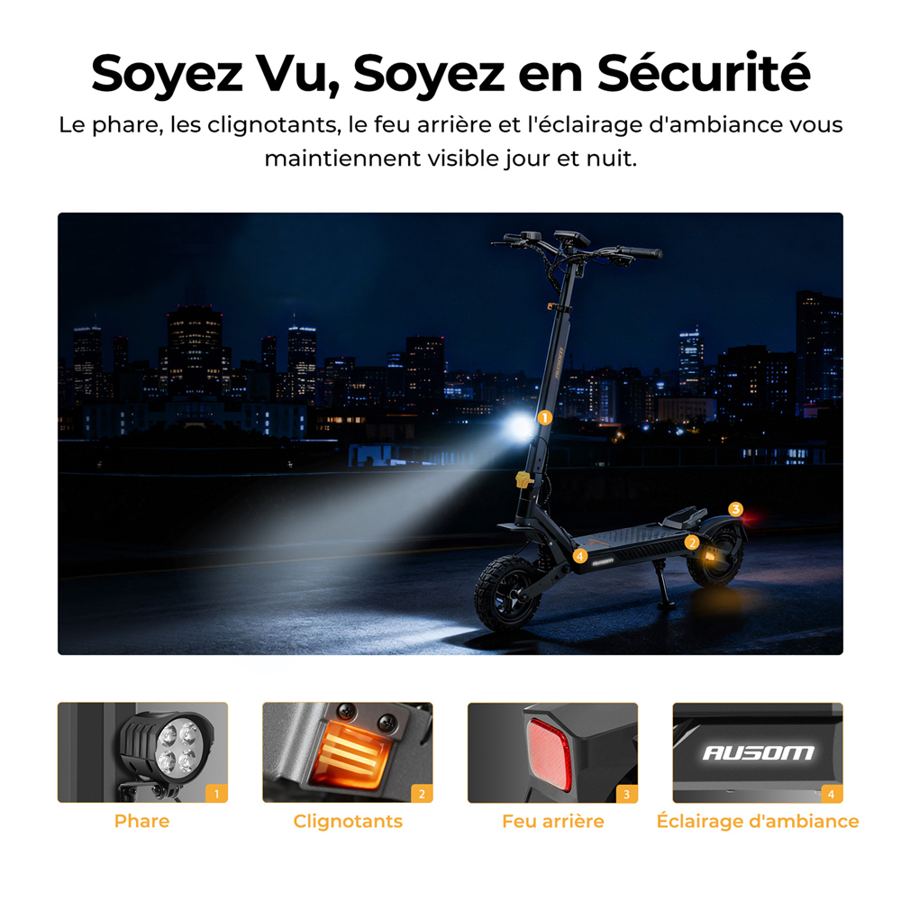 Ausom L1 Max Trottinette &eacute;lectrique, moteur 1000 W, batterie 48 V 20,8 Ah, pneus 10 pouces, vitesse maximale 50 km/h, autonomie 90 km, double frein &agrave; disque, suspension &agrave; ressort &agrave; bras oscillant, d&eacute;verrouillage NFC et par code