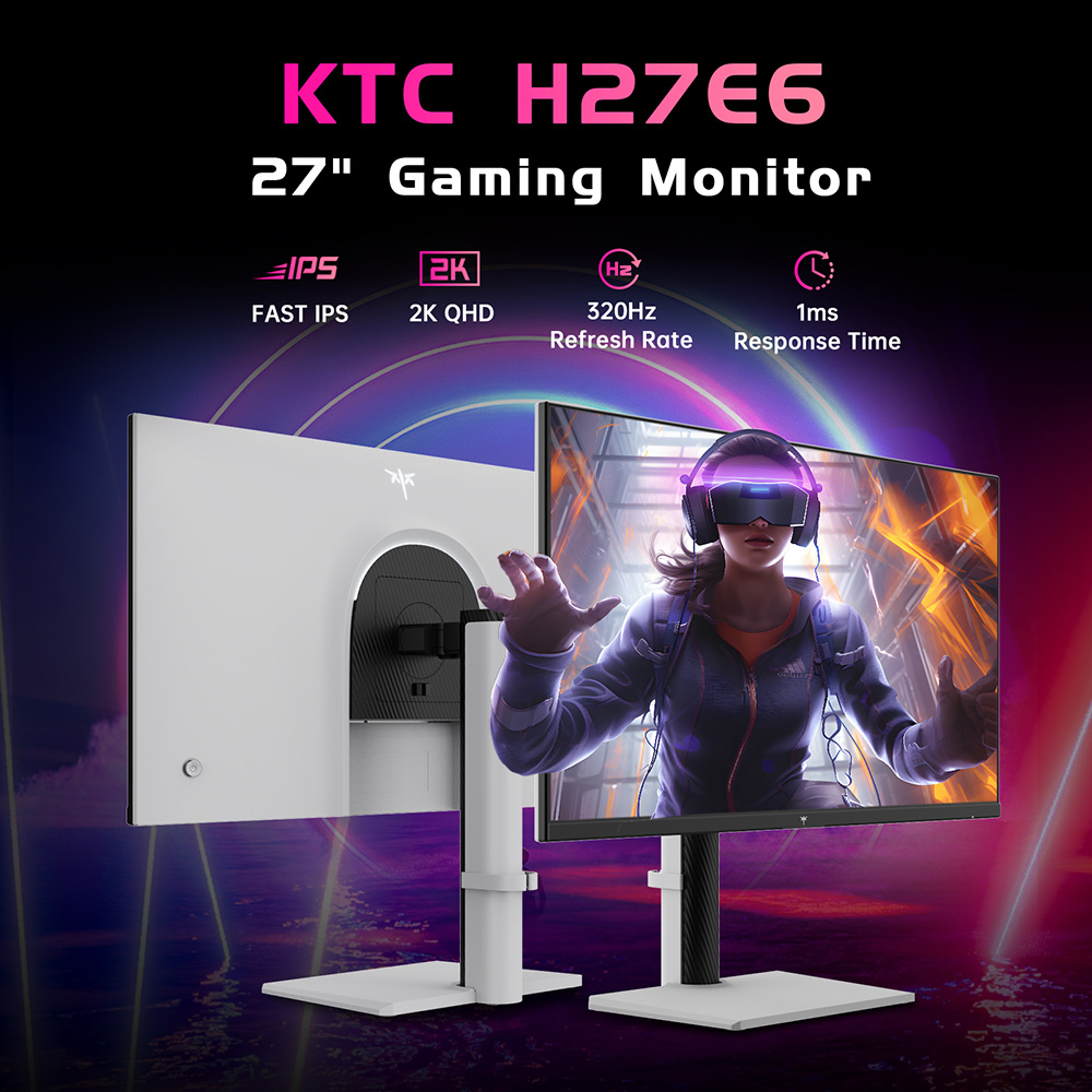 KTC H27E6 27 h&uuml;velykes gamer monitor, 2560*1440 QHD Gyors IPS Kijelző, 320Hz 240Hz Friss&iacute;t&eacute;si Frekvencia, HDR 400, 1ms V&aacute;laszidő, FreeSync &eacute;s G-Sync, 144% sRGB, VESA Szerelhető, 2*HDMI 2.1, 2*DP 1.4, 1*USB 2.0, 1*F&uuml;lhallgat&oacute;