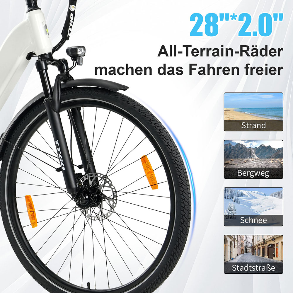 TTGO C3 Pro Elektrofahrrad, 250W Motor, 36V 20Ah Batterie, 28 Zoll Reifen, 25 km/h Höchstgeschwindigkeit, 120 km maximale Reichweite, hydraulische Scheibenbremse, Federgabel, Drehmomentsensor, Shimano 7-Gang, LCD-Display - Weiß