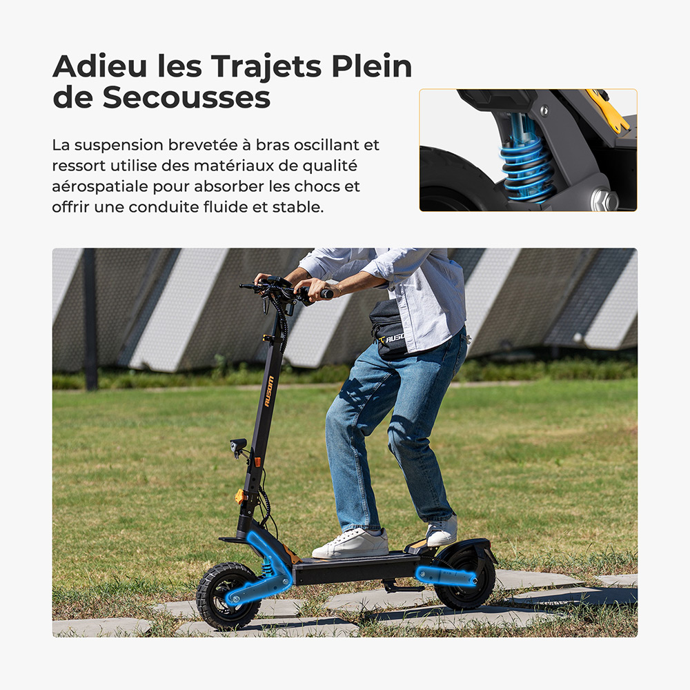 Ausom L1 (version ABE) Trottinette &eacute;lectrique, moteur 500 W, batterie 48 V 20,8 Ah, pneus 10 pouces, vitesse maximale 20 km/h, autonomie 90 km, freins &agrave; disque avant et arri&egrave;re, suspension &agrave; bras oscillant, d&eacute;verrouillage NFC et par code.