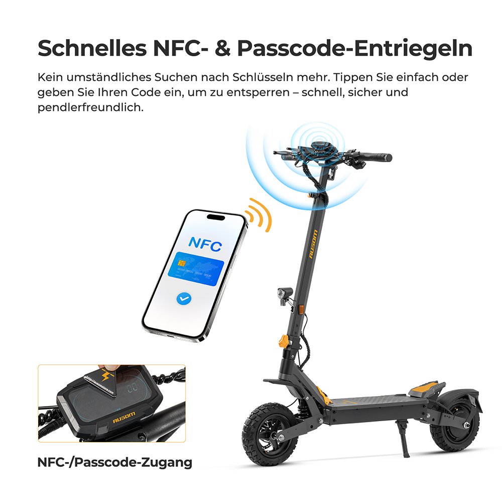 Ausom L1 Elektroroller ABE-Version, 500-W-Motor, 48-V-20,8-Ah-Akku, 10-Zoll-Reifen, 20 km/h H&ouml;chstgeschwindigkeit, 90 km Reichweite, Scheibenbremsen vorne und hinten, Schwingarmfederung, NFC- und Passcode-Entsperrung