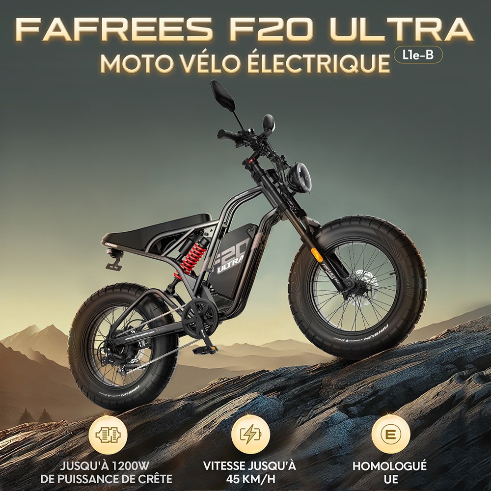 Fafrees F20 Ultra Vélo électrique version certifiée EU L1e-B, moteur 750W, batterie 48V 25Ah, pneus 20*5 pouces, vitesse maximale 45km/h, autonomie maximale 140km, freins à disque hydrauliques, suspension hydraulique, Shimano 7 vitesses - Noir