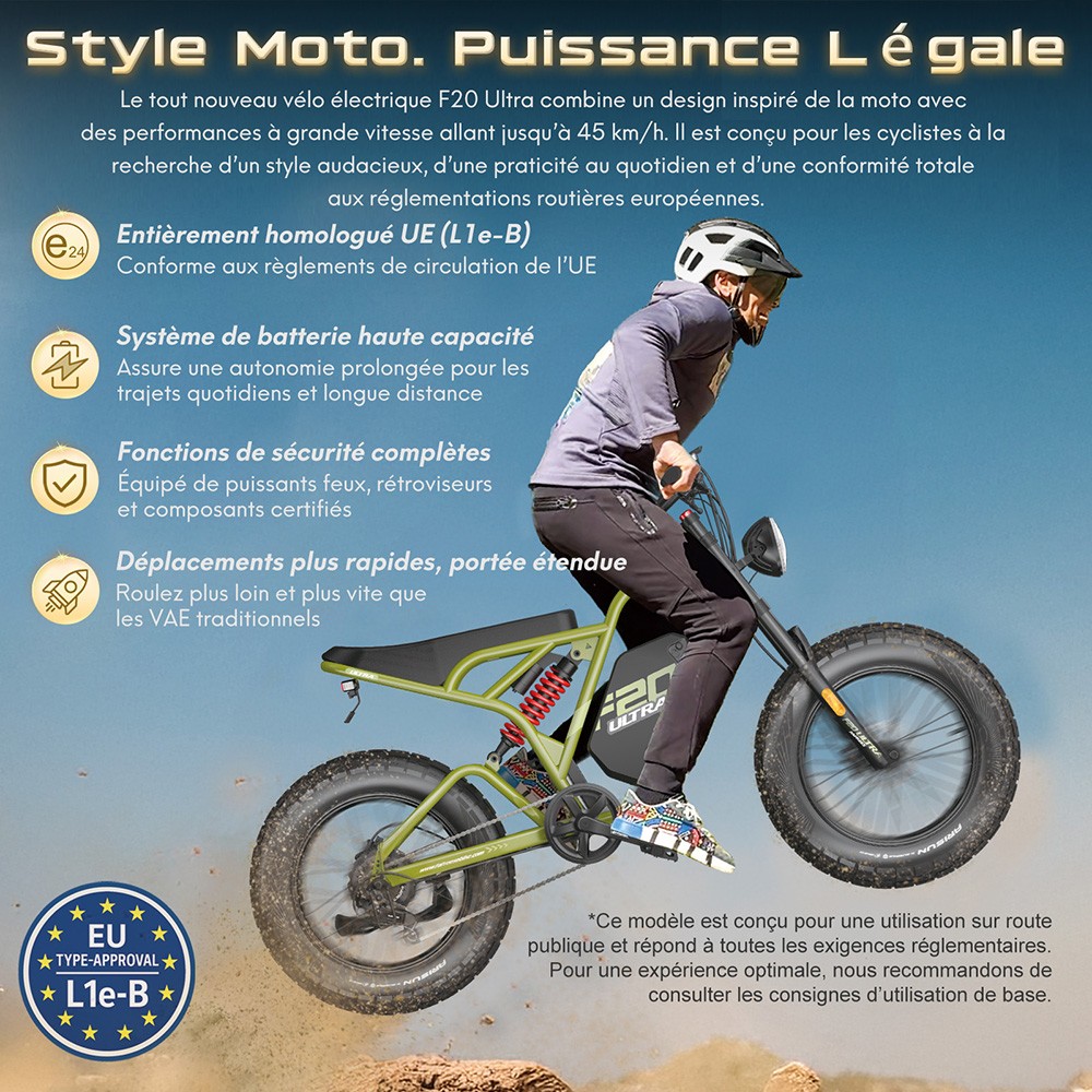 Fafrees F20 Ultra Vélo électrique version certifiée EU L1e-B, moteur 750W, batterie 48V 25Ah, pneus 20*5 pouces, vitesse maximale 45km/h, autonomie maximale 140km, freins à disque hydrauliques, suspension hydraulique, Shimano 7 vitesses - Noir
