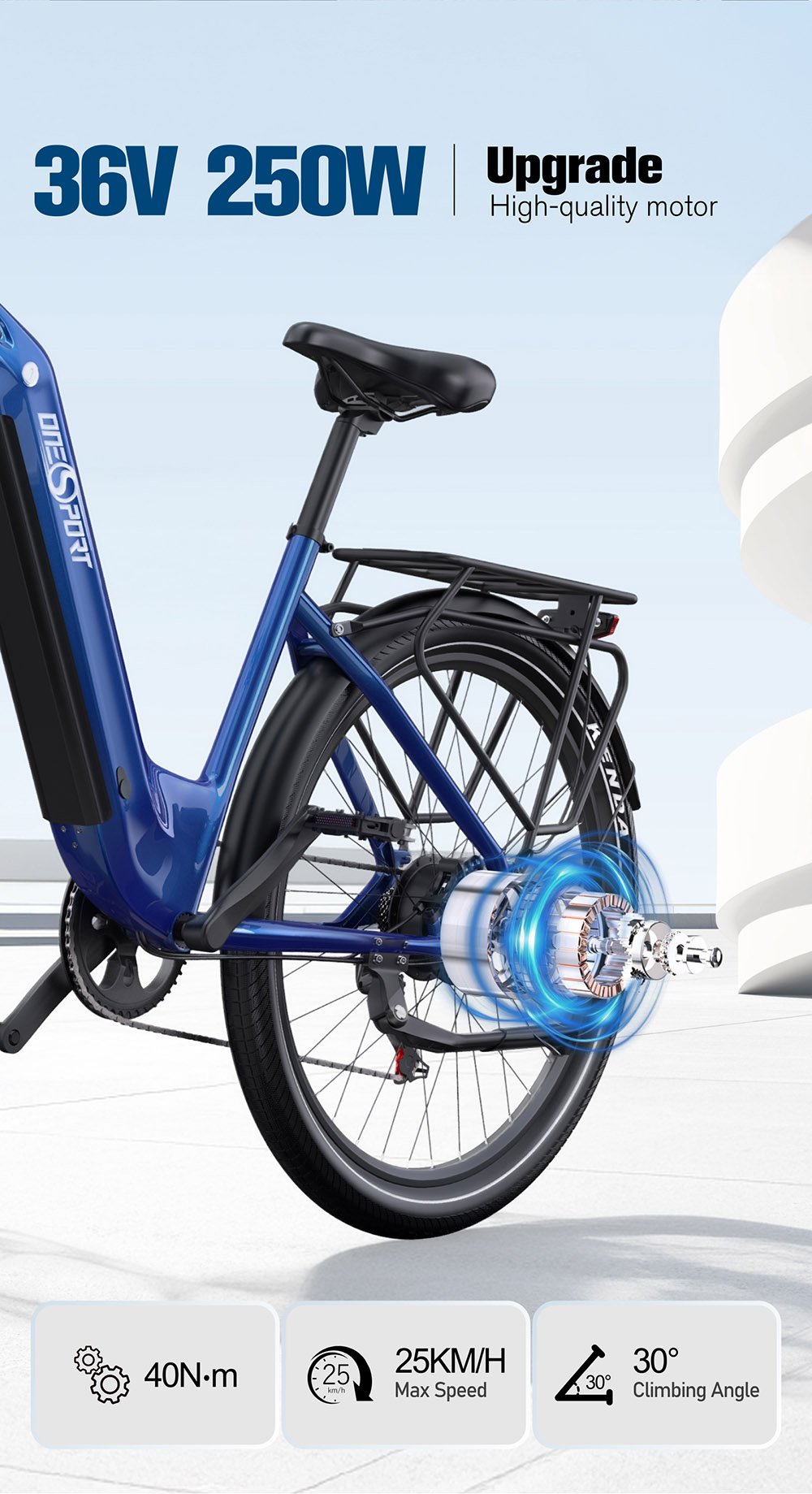 Vélo électrique Onesport OT05 27,5" Cadre en aluminium Batterie 36V 18,2Ah Moteur ANANDA 250W Capteur de couple 25km/h Shimano 7 vitesses 60-120KM Portée maximale Disque à huile Charge maximale 100kg - Bleu profond