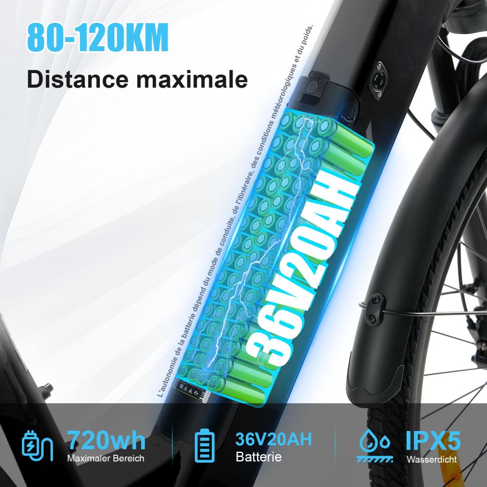 TTGO C3 Pro Vélo électrique, moteur 250W, batterie 36V 20Ah, pneus de 28 pouces, vitesse maximale de 25 km/h, autonomie maximale de 120 km, frein à disque hydraulique, fourche à suspension, capteur de couple, Shimano 7 vitesses, écran LCD - Noir