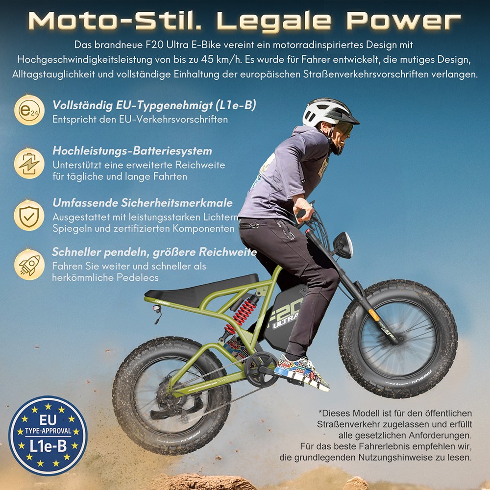 Fafrees F20 Ultra Elektrofahrrad EU L1e-B Zertifizierte Version, 750W Motor, 48V 25Ah Batterie, 20*5 Zoll Reifen, 45km/h Maximalgeschwindigkeit, 140km Maximalreichweite, Hydraulische Scheibenbremsen, Hydraulische Federung, LCD-Display, Shimano 7-Gang - Schwarz