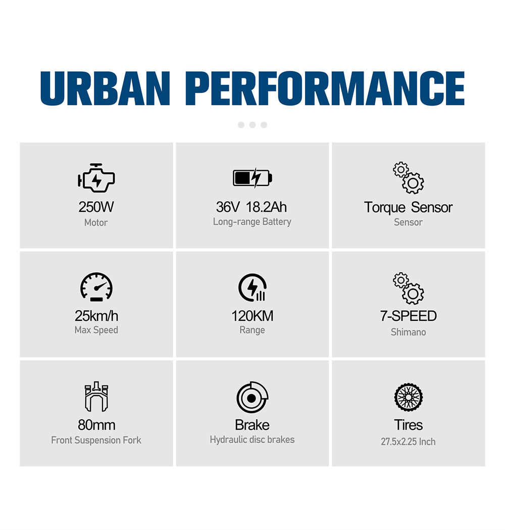 Vélo électrique Onesport OT05 27,5" Cadre en aluminium Batterie 36V 18,2Ah Moteur ANANDA 250W Capteur de couple 25km/h Shimano 7 vitesses 60-120KM Portée maximale Disque à huile Charge maximale 100kg - Bleu profond
