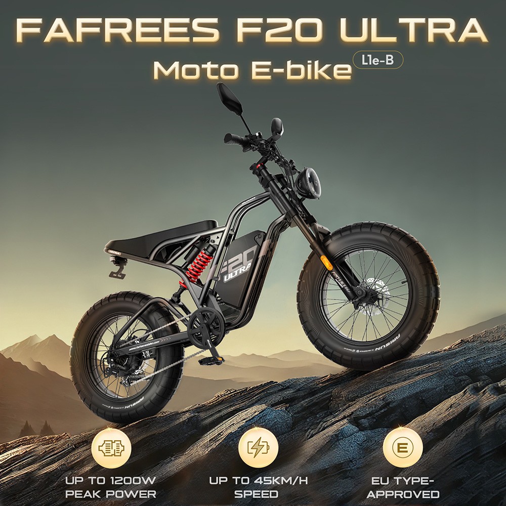 Fafrees F20 Ultra Electric Bike EU L1e-B Certified Version, 750W motor, 48V 25Ah batéria, 20*5 palcové pneumatiky, max. rýchlosť 45 km/h, max. dojazd 140 km, hydraulické kotúčové brzdy, hydraulické odpruženie, LCD displej, Shimano 7 rýchlostí - čierny