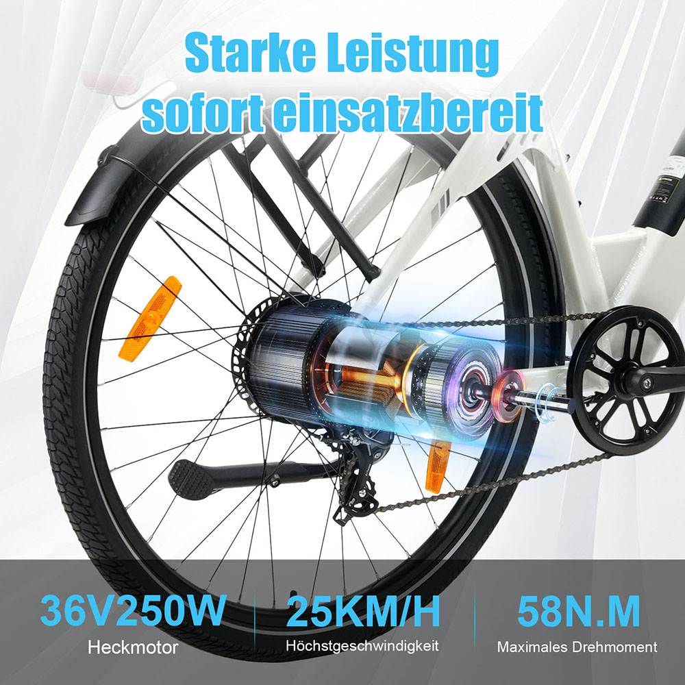 TTGO C3 Pro Elektrofahrrad, 250W Motor, 36V 20Ah Batterie, 28 Zoll Reifen, 25 km/h Höchstgeschwindigkeit, 120 km maximale Reichweite, hydraulische Scheibenbremse, Federgabel, Drehmomentsensor, Shimano 7-Gang, LCD-Display - Weiß