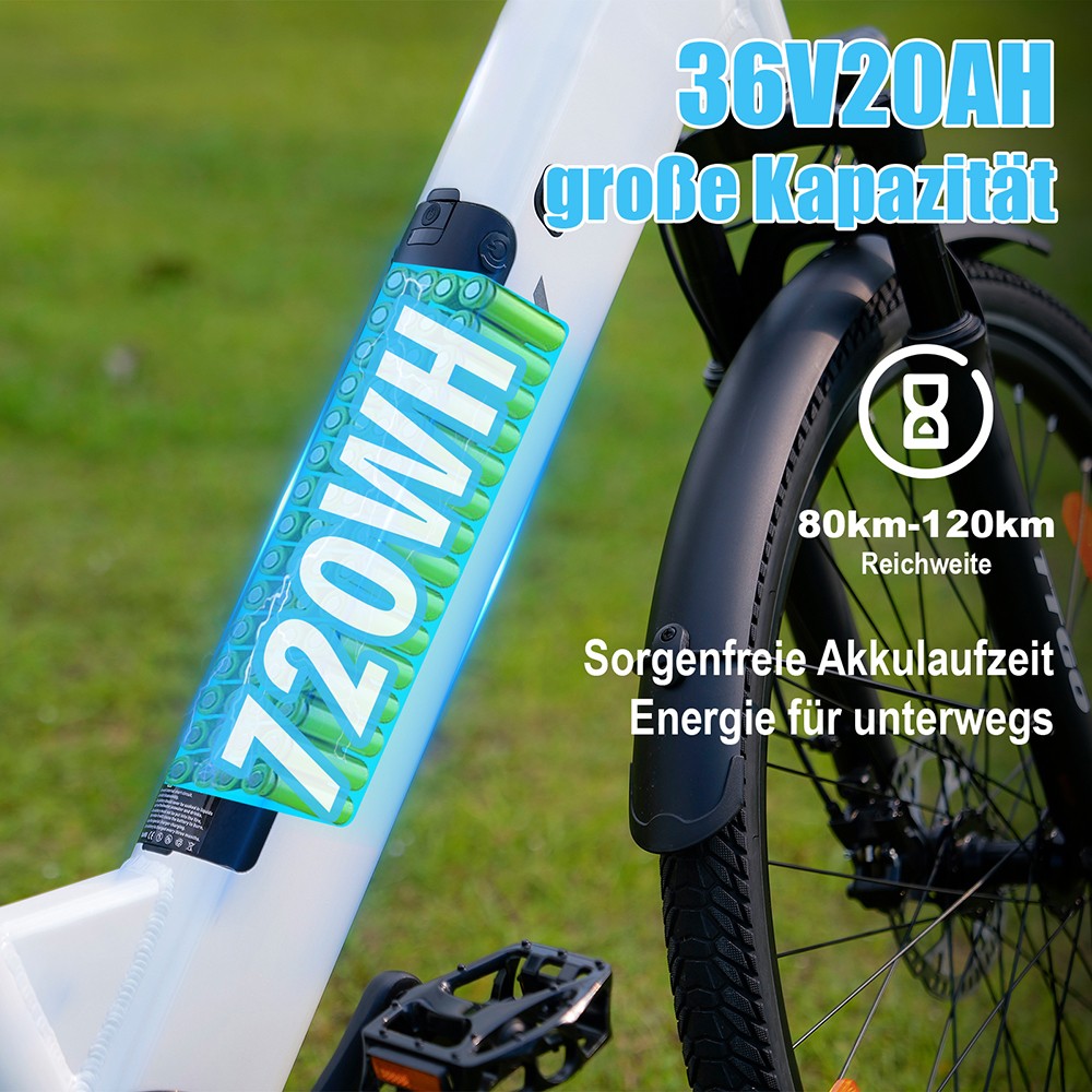 TTGO C3 Pro Elektrofahrrad, 250W Motor, 36V 20Ah Batterie, 28 Zoll Reifen, 25 km/h Höchstgeschwindigkeit, 120 km maximale Reichweite, hydraulische Scheibenbremse, Federgabel, Drehmomentsensor, Shimano 7-Gang, LCD-Display - Weiß