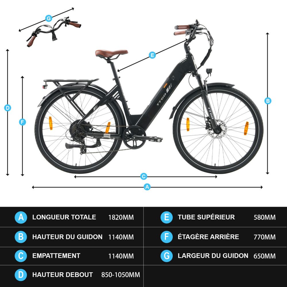 TTGO C3 Pro Vélo électrique, moteur 250W, batterie 36V 20Ah, pneus de 28 pouces, vitesse maximale de 25 km/h, autonomie maximale de 120 km, frein à disque hydraulique, fourche à suspension, capteur de couple, Shimano 7 vitesses, écran LCD - Noir