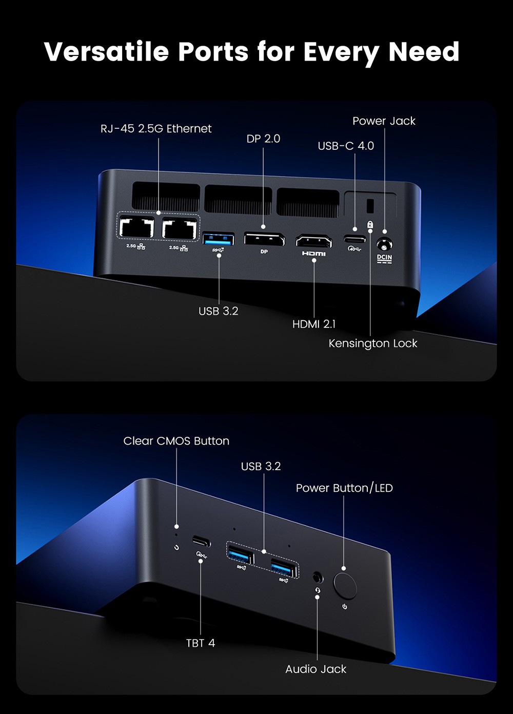 MINIX ER936-AI Mini PC, AMD Ryzen AI 9 365 10 magos, max. 5,0 GHz, 32 GB DDR5 RAM, 1 TB SSD, HDMI+DP+2*USB-C négyképernyős kijelző, WiFi 6E Bluetooth 5.2, Dupla 2,5G RJ45, 3*USB3.2, 1*Audio Jack