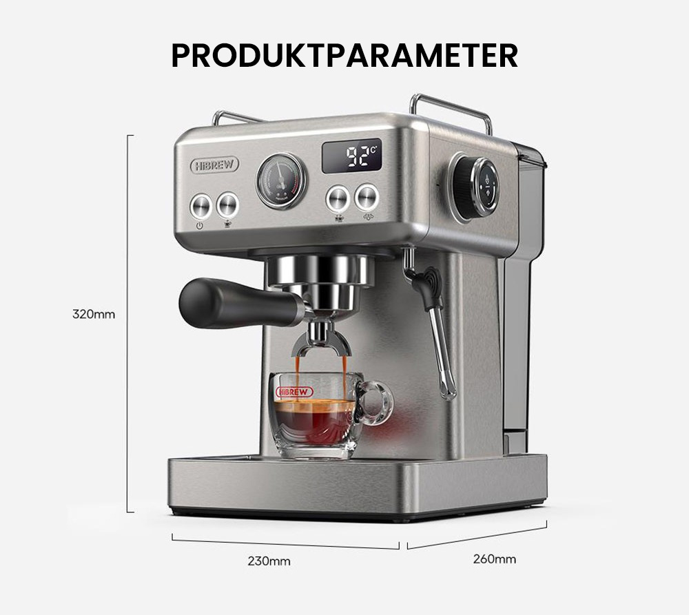 HiBREW H10A Halbautomatische Espressomaschine, 19 Bar Druck, Milchaufsch&auml;umer, Temperatur einstellbar, 58 mm Kaffeestampfer, 350 ml Krug, Tassenw&auml;rmer, Kalt-/Hei&szlig;kaffeemaschine