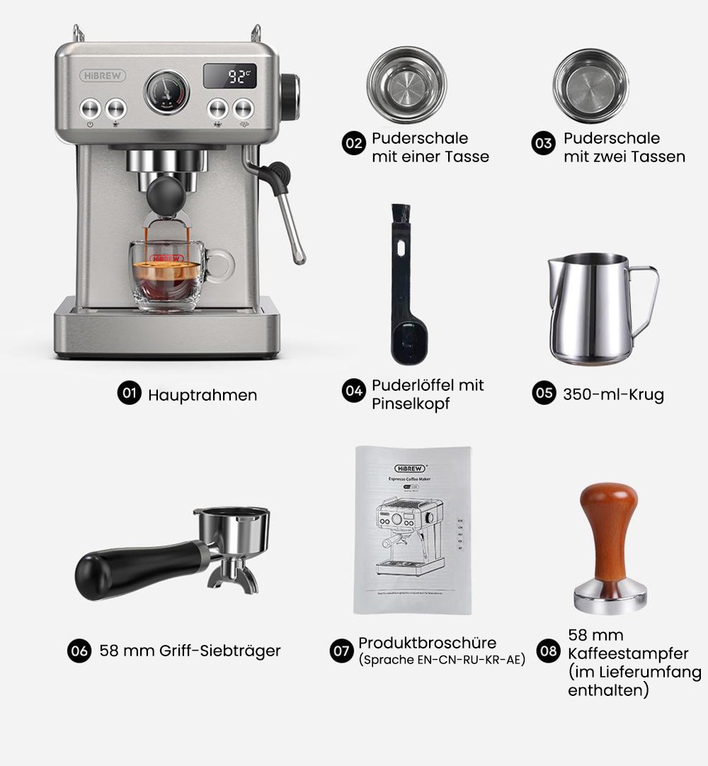 HiBREW H10A Halbautomatische Espressomaschine, 19 Bar Druck, Milchaufsch&auml;umer, Temperatur einstellbar, 58 mm Kaffeestampfer, 350 ml Krug, Tassenw&auml;rmer, Kalt-/Hei&szlig;kaffeemaschine