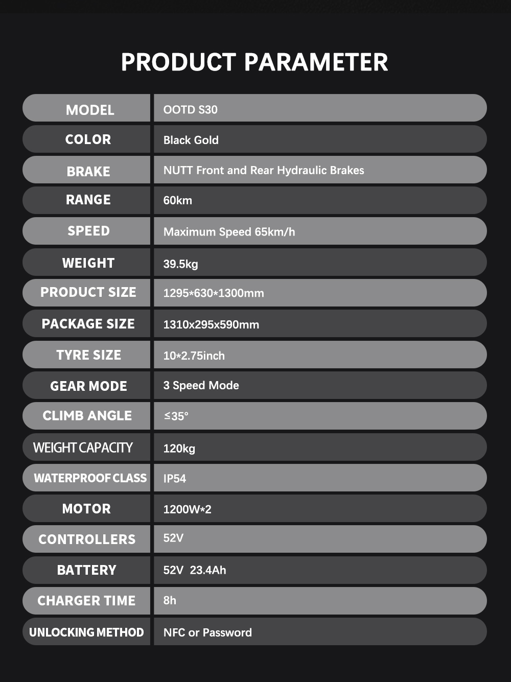 OOTD S30 Elektromos Roller, 1200W*2 Motor, 52V 23.4Ah Akkumulátor, 10 colos Gumiabroncsok, 65km/h Max Sebesség, 60km Hatótávolság, Első és Hátsó Hidraulikus Tárcsafék, LCD Kijelző