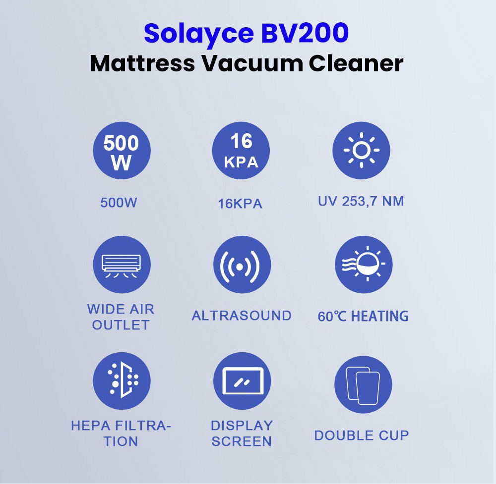 Aspirateur anti-acariens intelligent &agrave; double godet Solayce BV200, puissance 500 W, aspiration 16&nbsp;000 Pa, capacit&eacute; 0,6 L, air chaud 60 &deg;C, lumi&egrave;re UV et filtration HEPA
