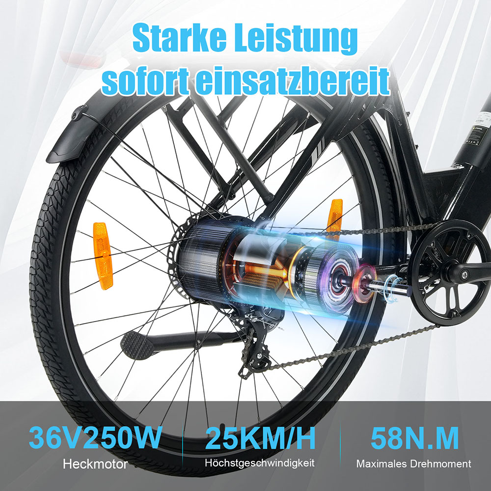 TTGO C3 Pro Elektrofahrrad, 250W Motor, 36V 20Ah Batterie, 28 Zoll Reifen, 25 km/h Höchstgeschwindigkeit, 120 km maximale Reichweite, hydraulische Scheibenbremse, Federgabel, Drehmomentsensor, Shimano 7-Gang, LCD-Display - Schwarz