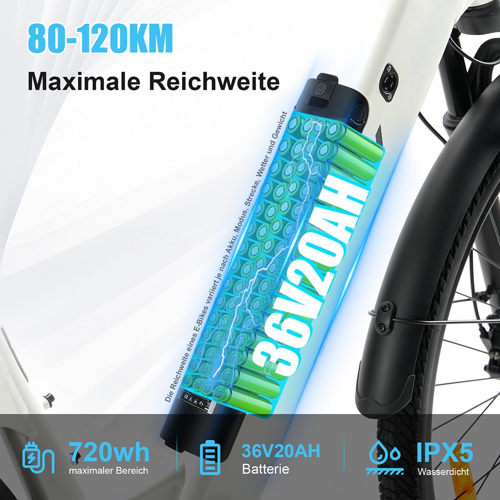 TTGO C3 Pro Elektrofahrrad, 250W Motor, 36V 20Ah Batterie, 28 Zoll Reifen, 25 km/h Höchstgeschwindigkeit, 120 km maximale Reichweite, hydraulische Scheibenbremse, Federgabel, Drehmomentsensor, Shimano 7-Gang, LCD-Display - Weiß