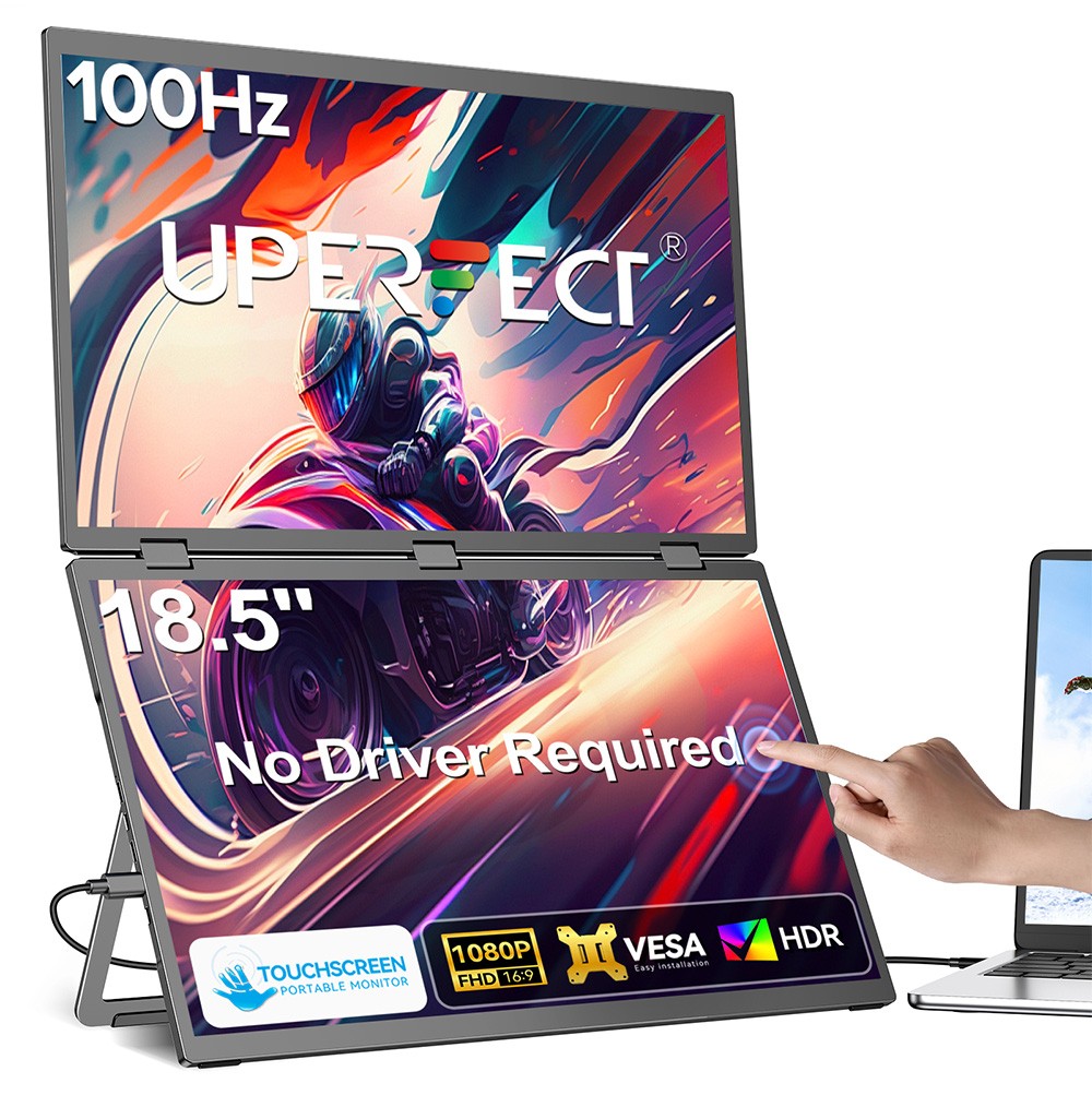 UPERFECT Delta Max Touchscreen-Monitor mit zwei Bildschirmen, 18,5 Zoll (47 cm), 1920 x 1080 Pixel, 100 Hz, IPS-Touchscreen, 178&deg; Betrachtungswinkel, integrierte Lautsprecher, 2 x USB-C-Anschl&uuml;sse, 1 x USB-Anschluss, 1 x Mini-HDMI-Anschluss &ndash; EU-Stecker